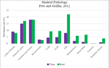 Figure 2. Prevalence rate across urban and rural settlement of skeletal pathology data of Pitts and Griffin, 2012. 